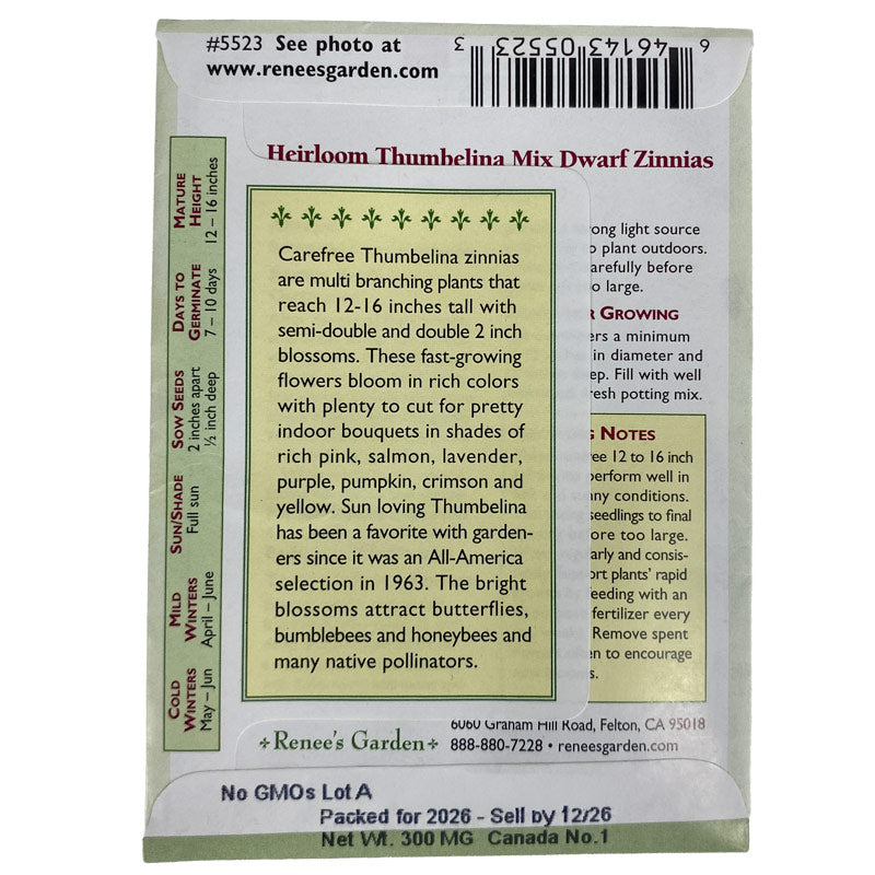 Organic Thumbelina Mix Zinnia Renees Garden