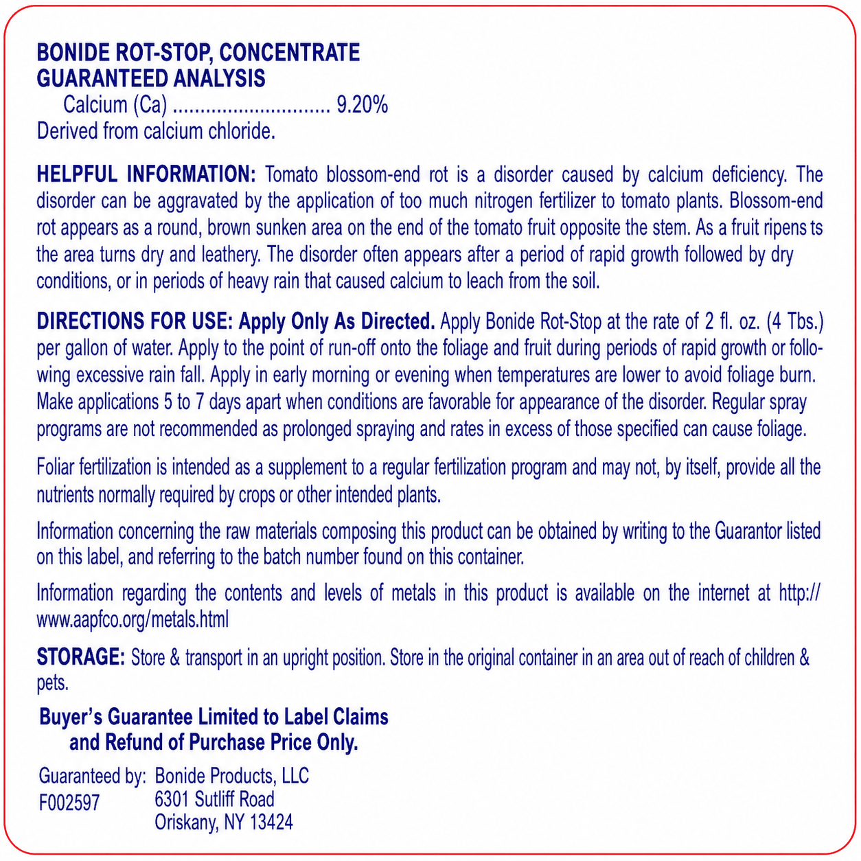 Bonide Rot-Stop Concentrate label with 9.2% calcium and directions