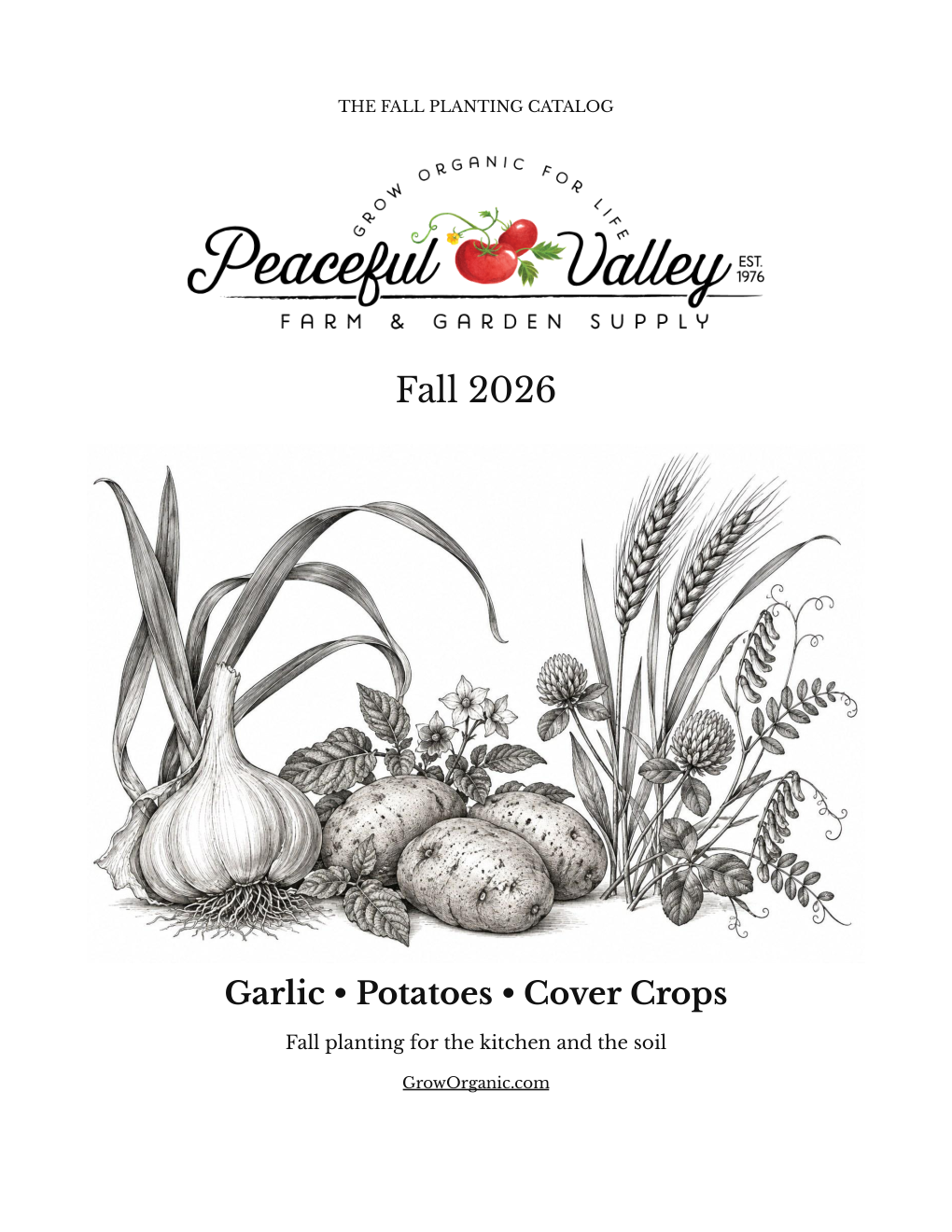 Peaceful Valley Fall 2026 catalog front cover — garlic, potatoes and cover crops