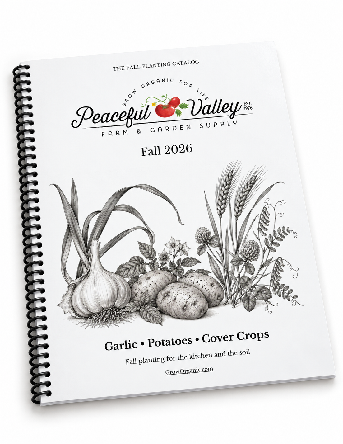 Illustrative mockup of the Peaceful Valley Fall 2026 catalog with black coil binding and a flexible printed cover