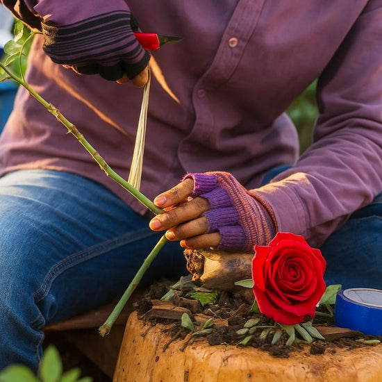a womean grafting a rose plant
