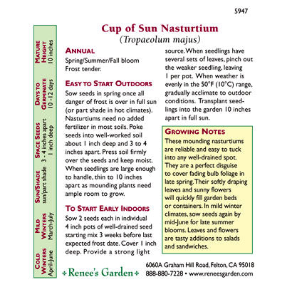 Renee's Garden Nasturtium Mounding Cup of Sun (Heirloom) Renee's Garden Nasturtium Mounding Cup of Sun (Heirloom) Flower Seed & Bulbs