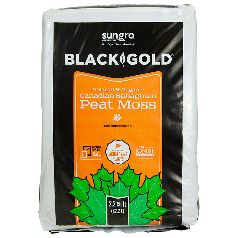 Black Gold Peat Moss 2.2 cu ft bag front on white background. 