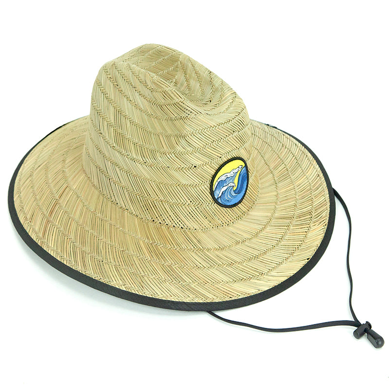 Kid's Woven Sun Hat size large with a black rim, a black strap, and an embroidered wave patch on the front on a white background. 