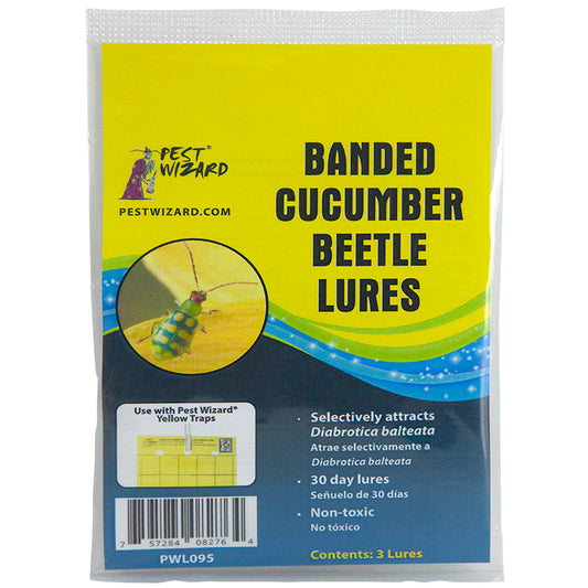 Pest Wizard Banded Cucumber Beetle Lures 3 pack package front on a white background.