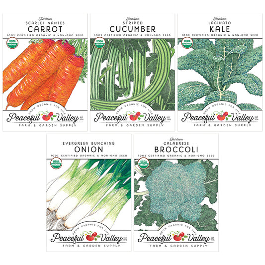 Peaceful Valley Organic Vegetable Seed Pack Collection includes Scarlet Nantes Carrot, Striped Cucumber, Lacinato Kale, Evergreen Bunching Onion, and Calabrese Broccoli.