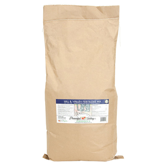 Hill & Valley Fertilizer Mix 0.5-4.0-4.0 (40 lb) bag on a white background.