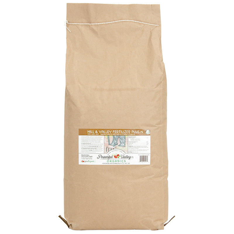 Hill & Valley Fertilizer Mix Plus N 2.0-4.0-4.0 (40 lb) bag on a white background.