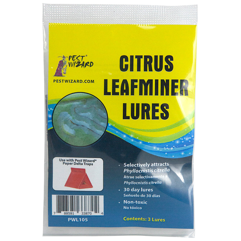 Pest Wizard Citrus Leafminer Lures 3 pack package front on white background.