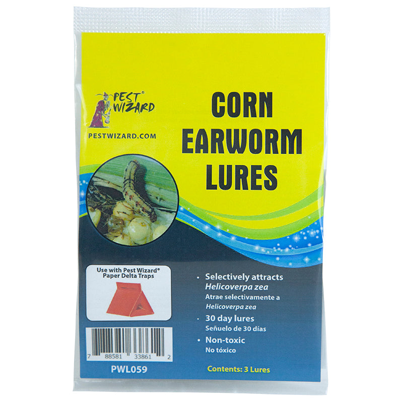 Pest Wizard Corn Earworm Lures 3 pack package front on white background.