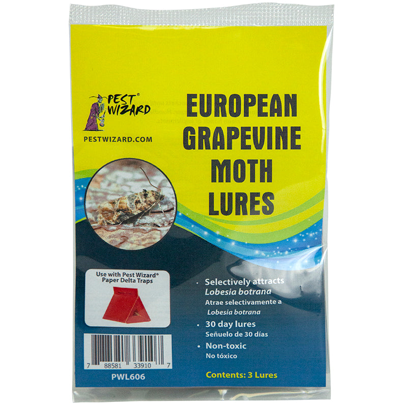 Pest Wizard European Grapevine Moth Lure 3-Pack package front on white background.