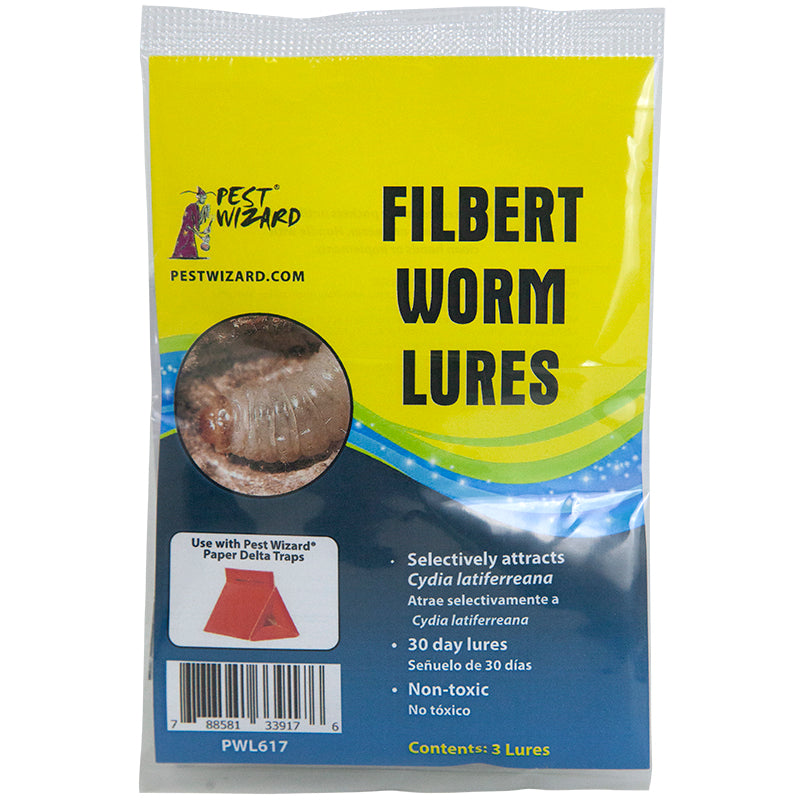Pest Wizard Filbert Worm Lure 3-Pack package front on white background.