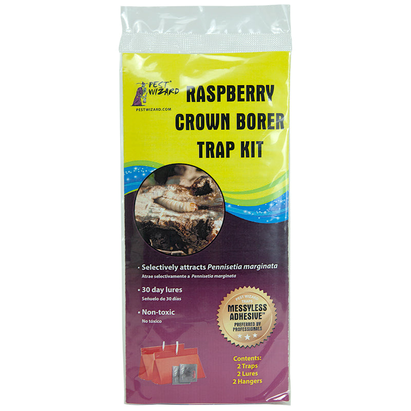 Pest Wizard Raspberry Crown Borer Trap Kit package front on white background.