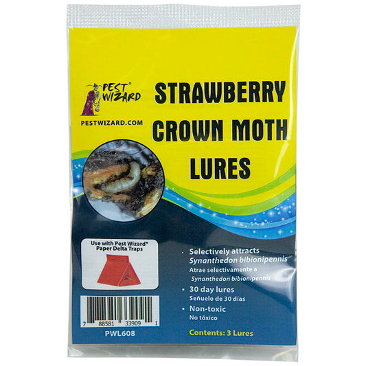 Pest Wizard Strawberry Crown Moth Lure 3-Pack package front on white background.