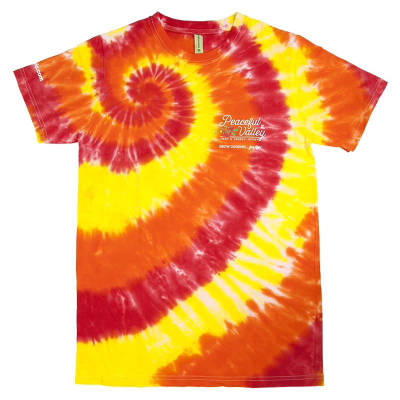 Peaceful Valley T Shirt Tie Dye Red/Orange/Yellow Peaceful Valley's Organic T Shirt Tie Dye Red/Orange/Yellow (Small) Apparel and Accessories