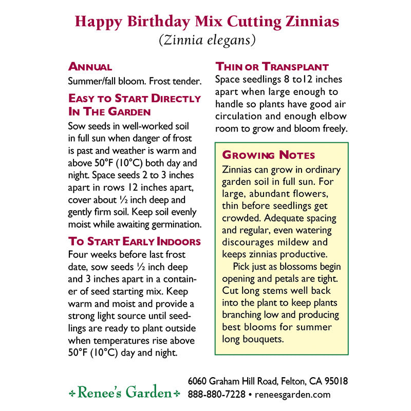 Renee's Garden Heirloom Cutting Zinnia Happy Birthday Mix Renee's Garden Heirloom Cutting Zinnia Happy Birthday Mix Flower Seed & Bulbs